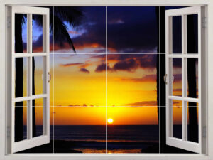 Sunset Between the Palm Trees Window View