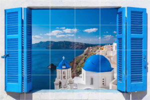 Santorini Window View Tile Mural