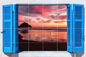 Red Sky at Night Window View Tile Mural