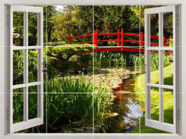 Oriental Red Bridge Water Garden Window View